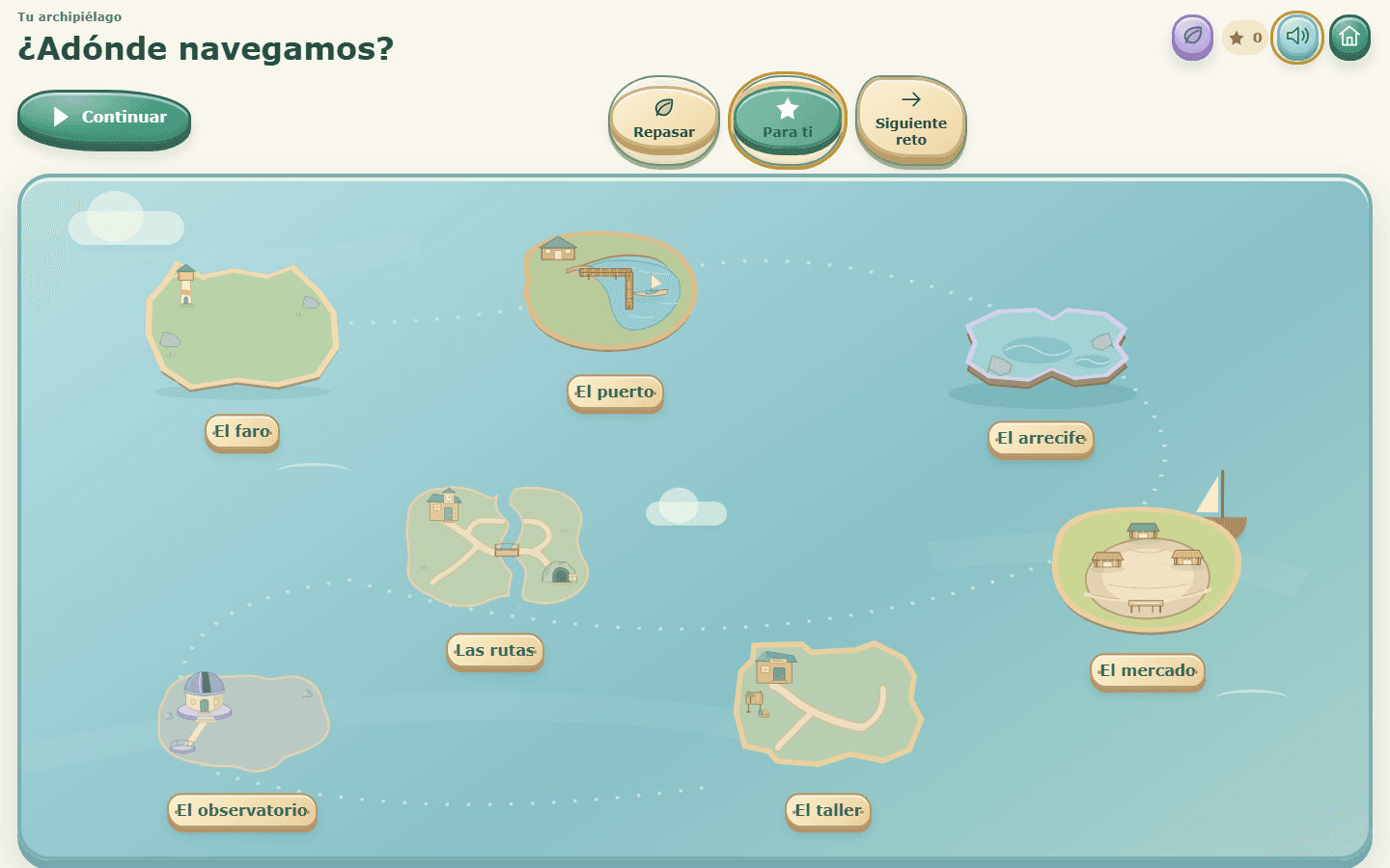 Un mapa de aventuras reúne 70 misiones de matemáticas para Primaria. Cada isla propone un paisaje y un conjunto de retos; el catálogo describe el mundo, aunque no todas sus escenas cuentan todavía con revisión visual final.