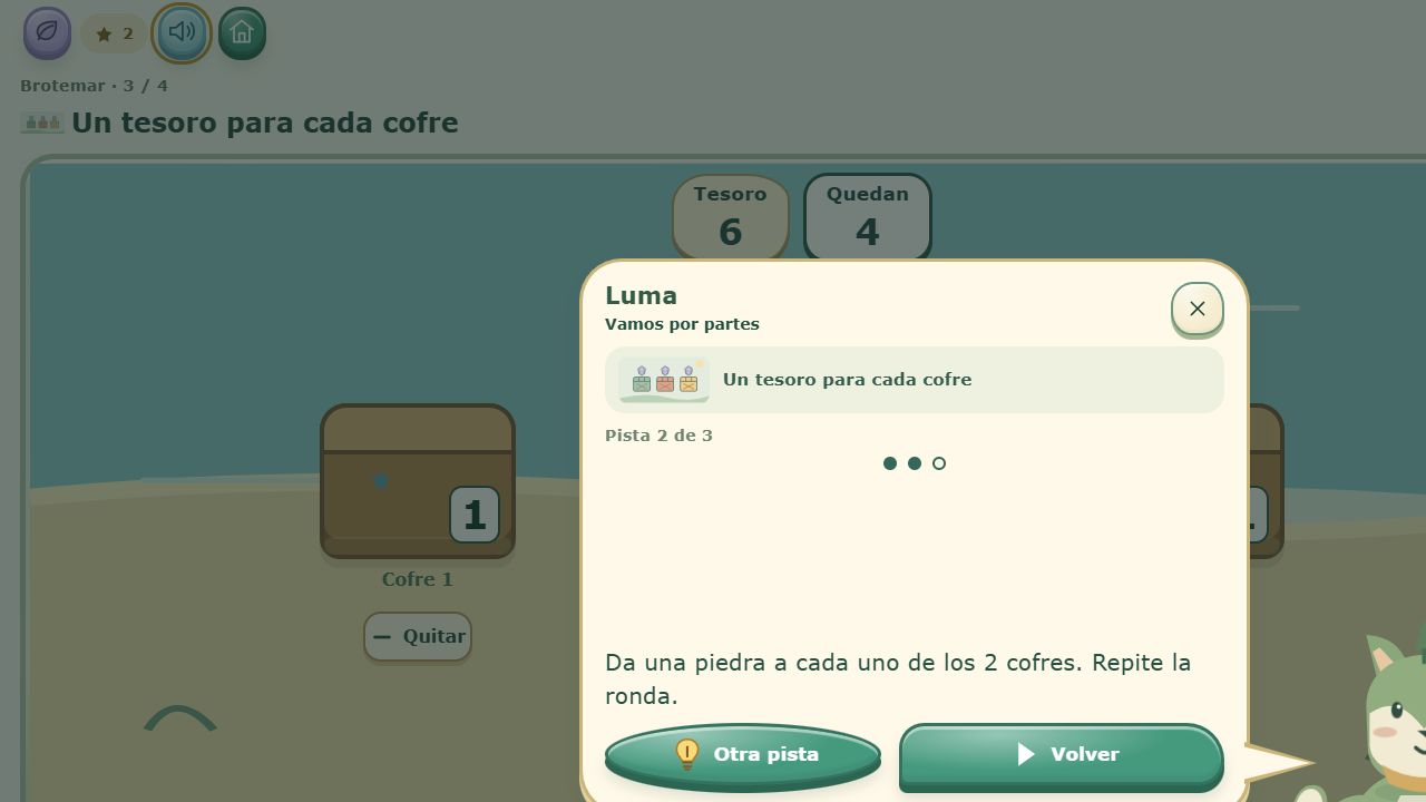 Pista real de Luma: da una piedra a cada uno de los dos cofres y repite la ronda.