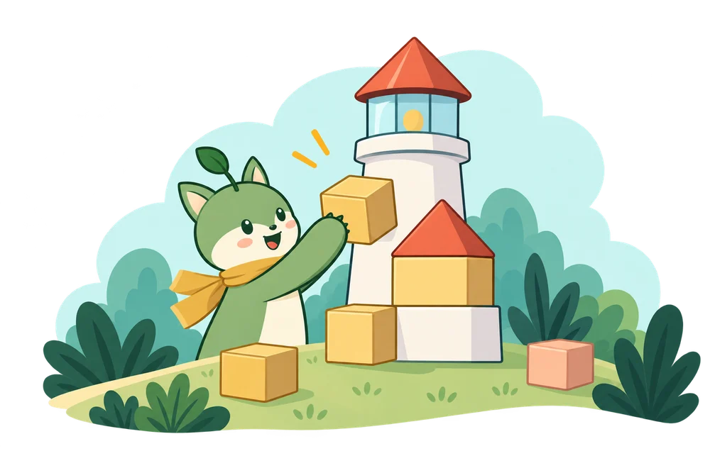 Ilustración de Luma construyendo un faro con bloques.