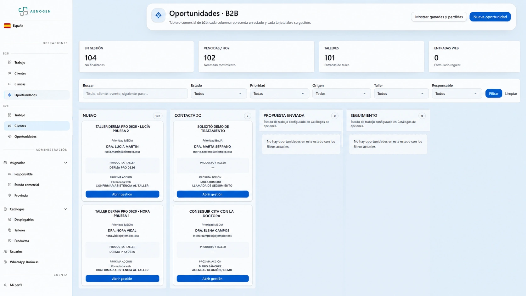 CRM de Aenogen: tablero de oportunidades por estado, prioridad y siguiente acción. Datos de ejemplo.