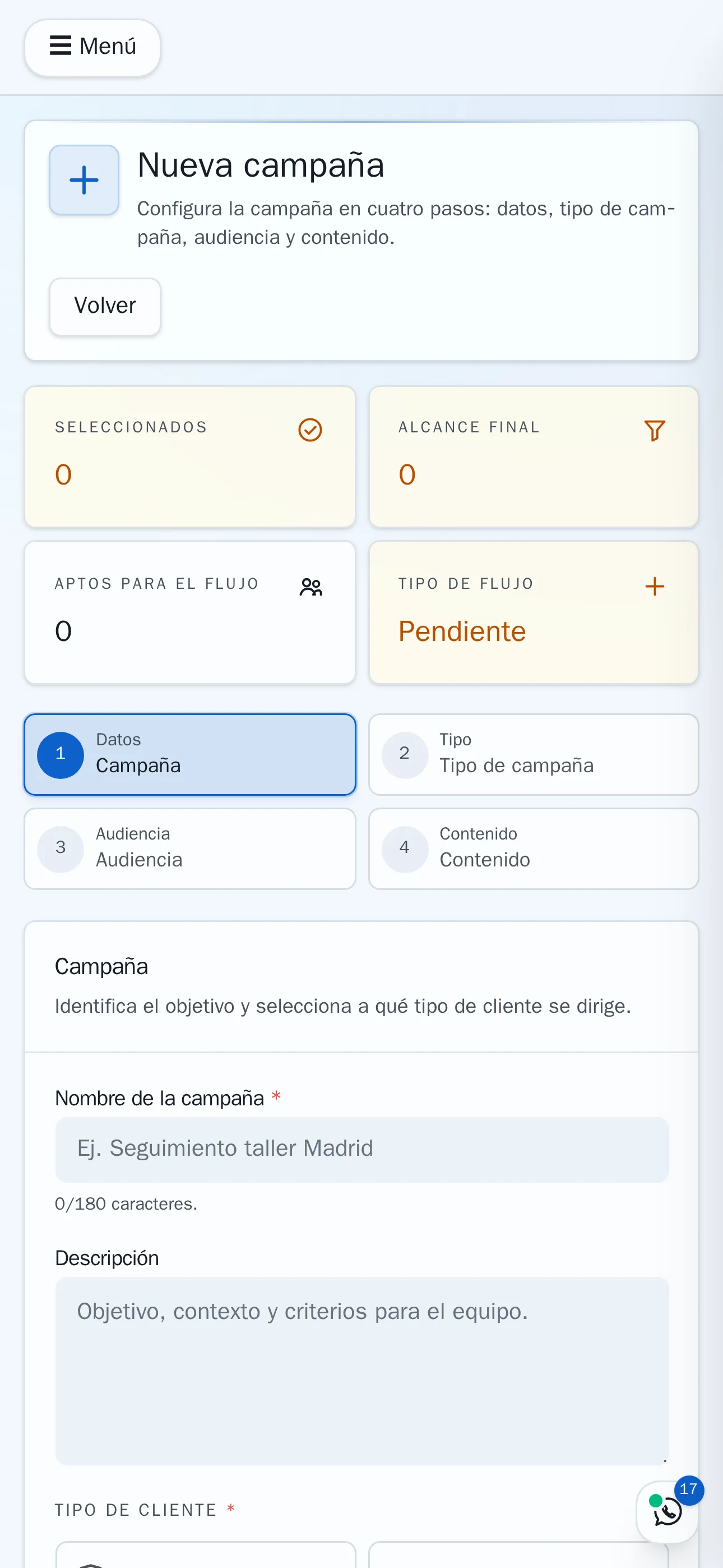 Versión móvil real de Aenogen: configuración de una campaña paso a paso.