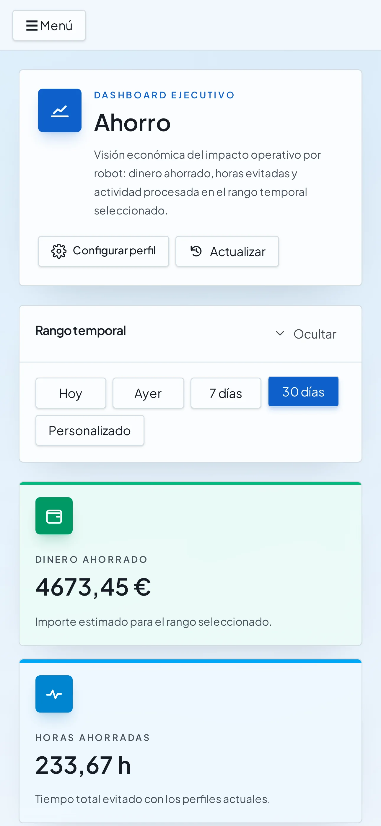 Versión móvil real del panel de Edisol: filtros de periodo e indicadores de ahorro.